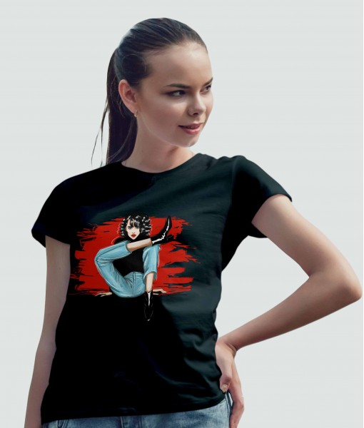 Дамска тениска с щампа Арт Sketch of girl sitting with legs crossed - TShirtArtShop.com